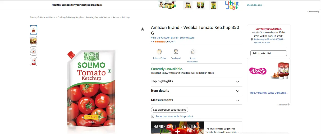 Amazon Solimo Tomato Ketchup