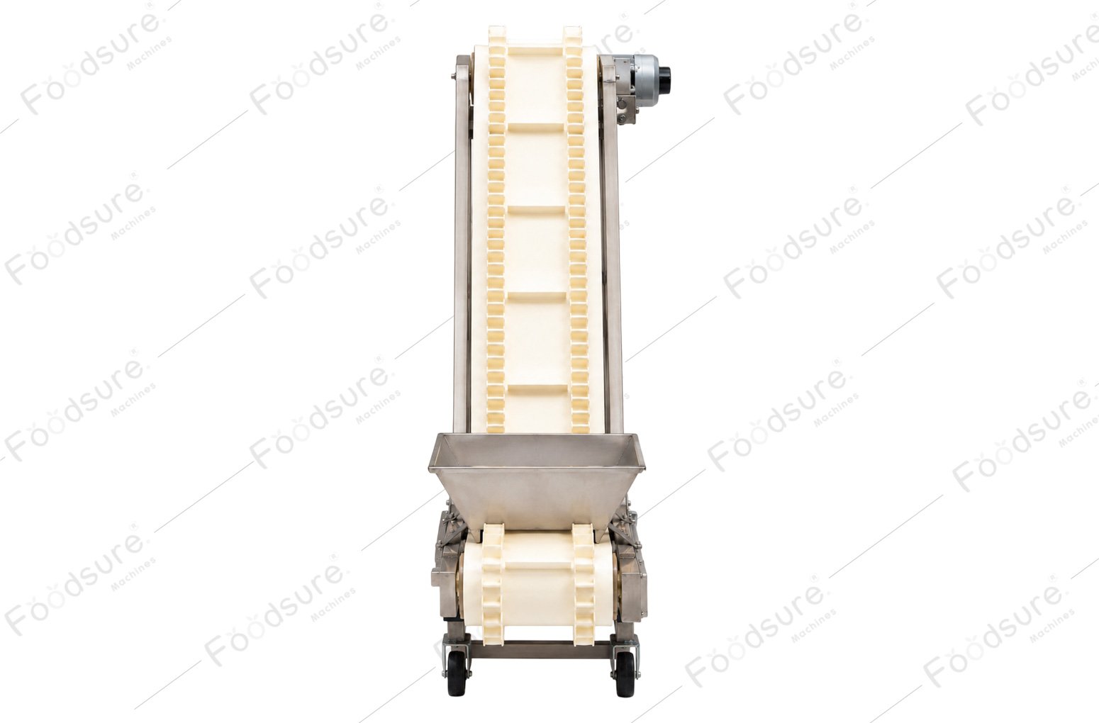 Stainless steel bucket elevator conveyor for automatic soya badi material feeding.