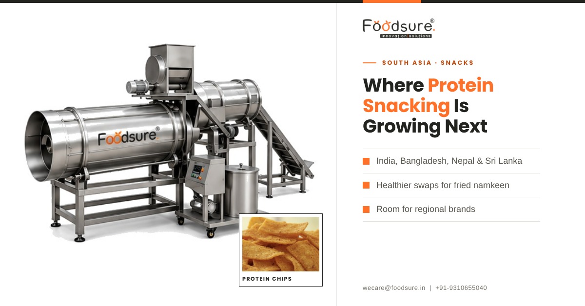 Foodsure protein chips seasoning machine – where protein snacking is growing in South Asia India Bangladesh Nepal